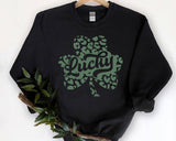 "Lucky Clover Leopard" design on a black unisex crewneck sweatshirt