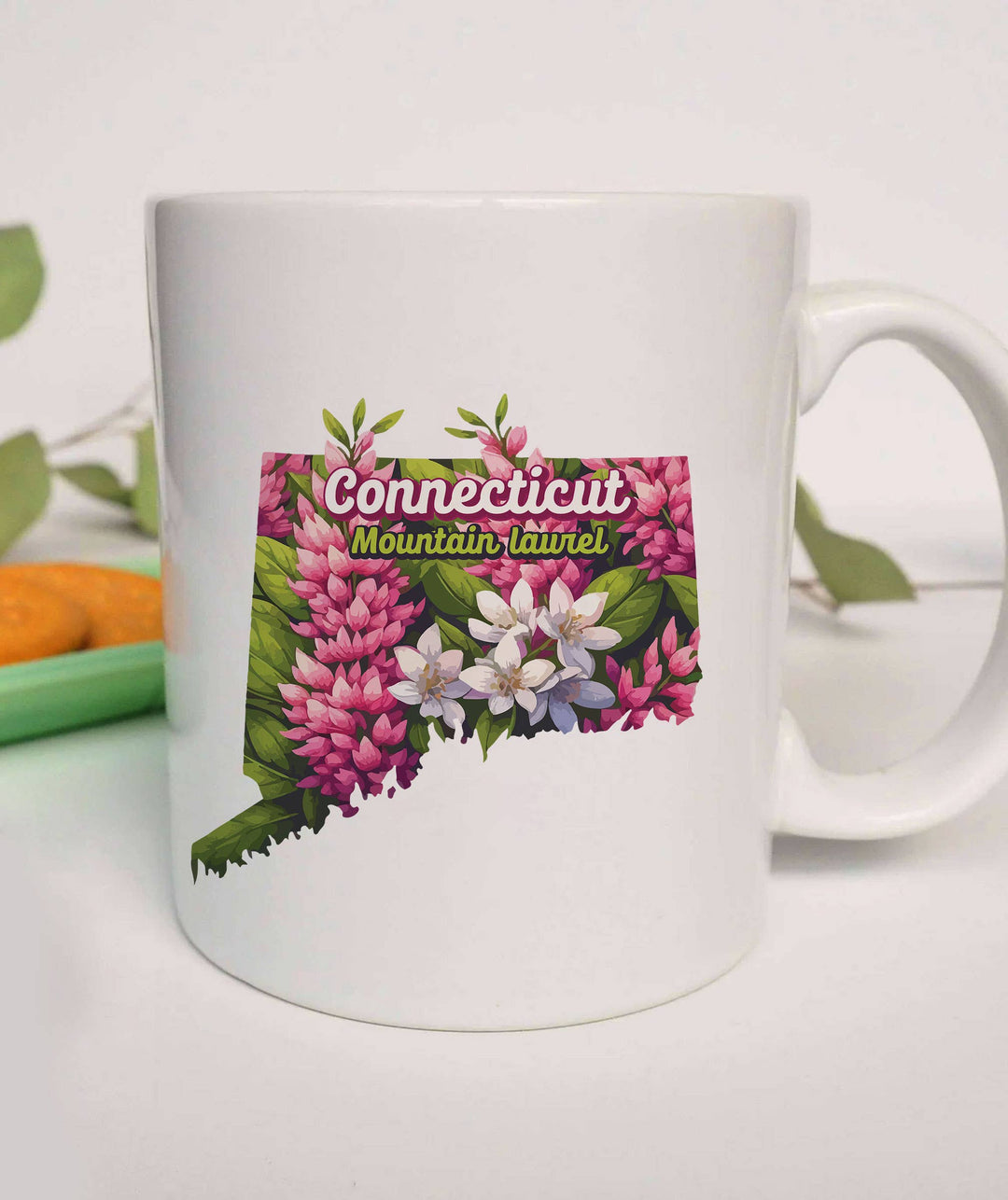 "Connecticut State Flower Mountain Laurel" design on a white ceramic coffee mug