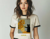 "Oopsie Van Gogh Sunflowers Black Cat" design on a natural ringer t-shirt with black contrast trim