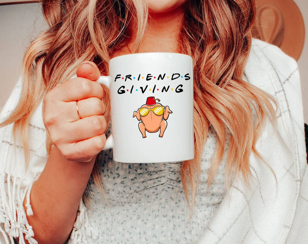 "Friendsgiving Turkey" fall design on a white coffee mug