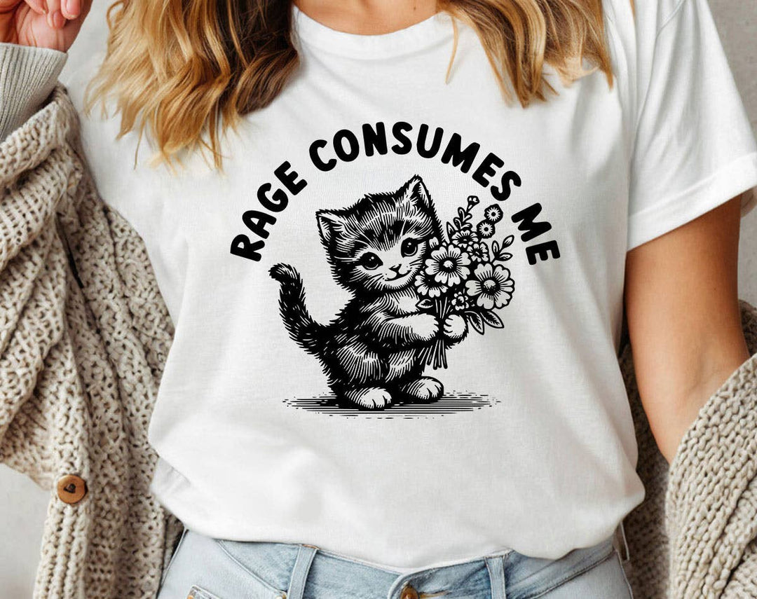 "Rage Consumes Me Black Kitten" design on a white unisex t-shirt