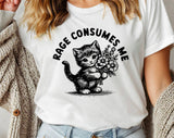 "Rage Consumes Me Black Kitten" design on a white unisex t-shirt