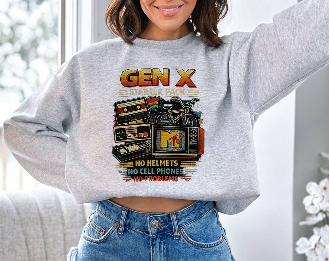 "Gen X Starter Pack 80s & 90s Nostalgia" design on an ash gray unisex crewneck sweatshirt