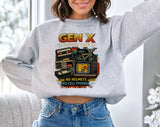 "Gen X Starter Pack 80s & 90s Nostalgia" design on an ash gray unisex crewneck sweatshirt