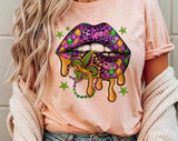 "Mardi Gras Lips Beads Stars" design on a peach unisex t-shirt