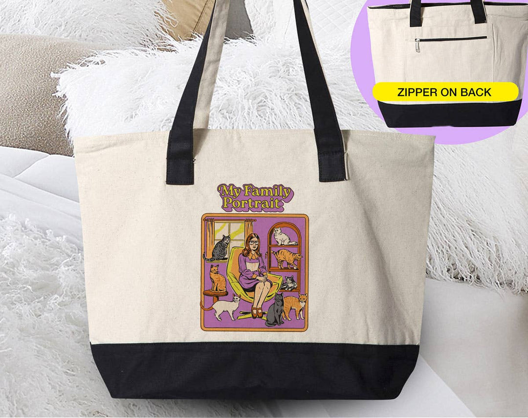 "My Family Portrait Funny Retro Cat" design on a natural canvas zippered tote bag