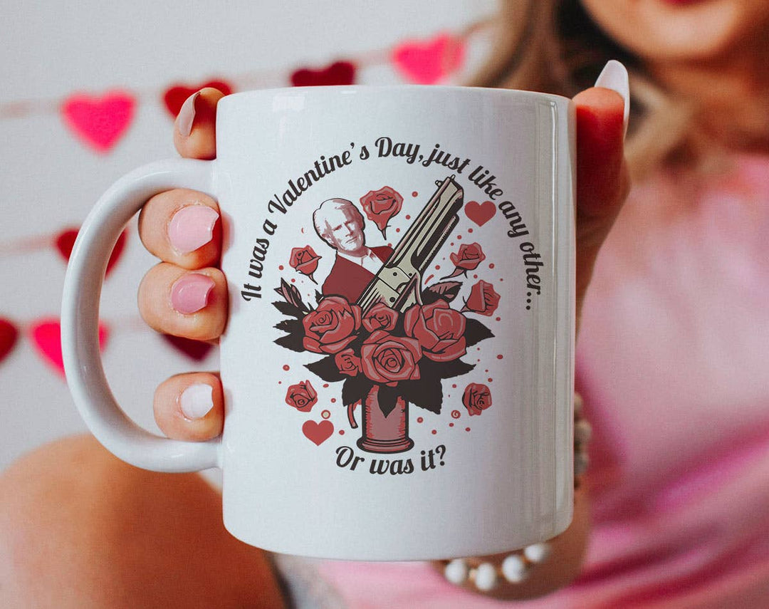 "True Crime Valentine's Day" design on a white ceramic coffee mug