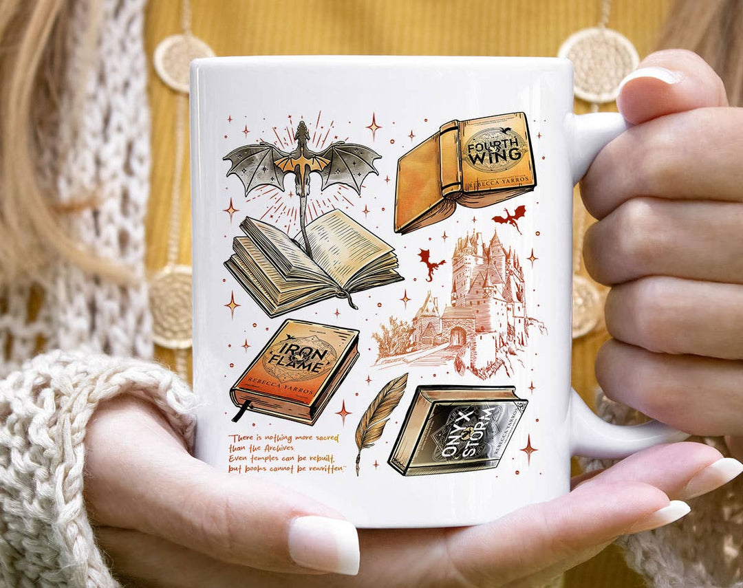 "Fourth Wing Inspired Collage" design on a white ceramic coffee mug