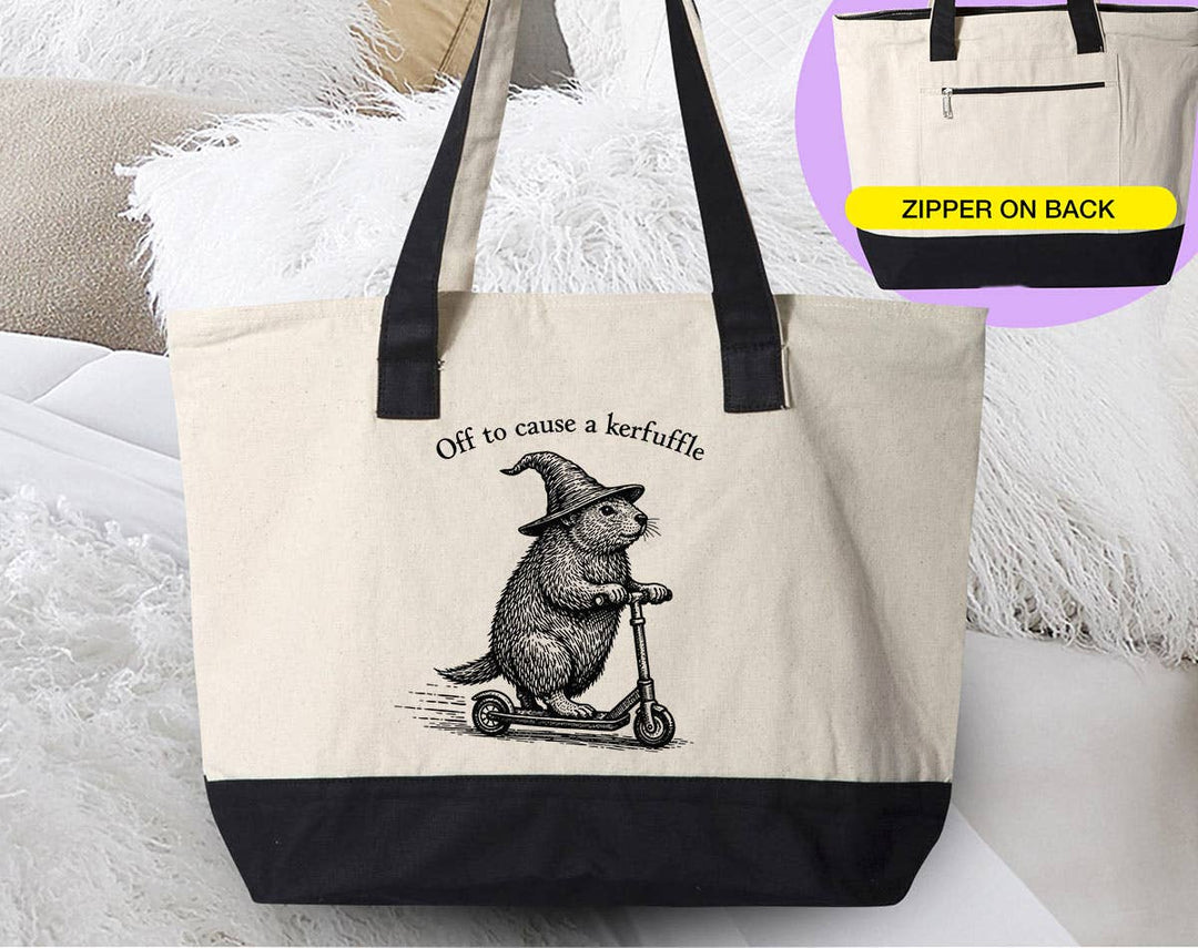 "Off To Cause A Kerfuffle Groundhog Wizard" design on a natural canvas zippered tote bag