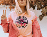 "True Crime Club Rose" design on a peach unisex t-shirt