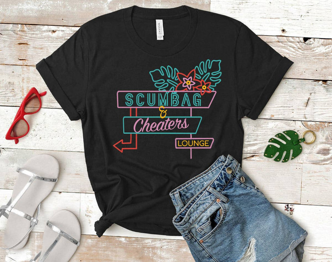 "Scumbag & Cheaters Lounge" design on a black unisex t-shirt