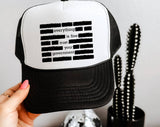 "Everything Is Fine Trust Your Government" design on a mesh-back snapback trucker hat
