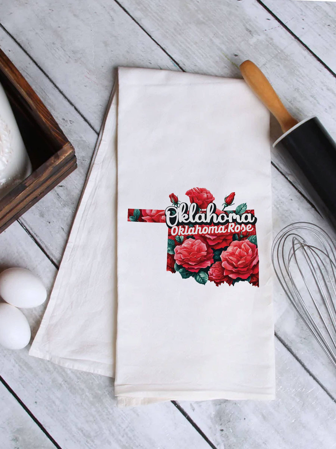 "Oklahoma State Flower Oklahoma Rose" design on a white 28 x 28 inch flour sack tea towel