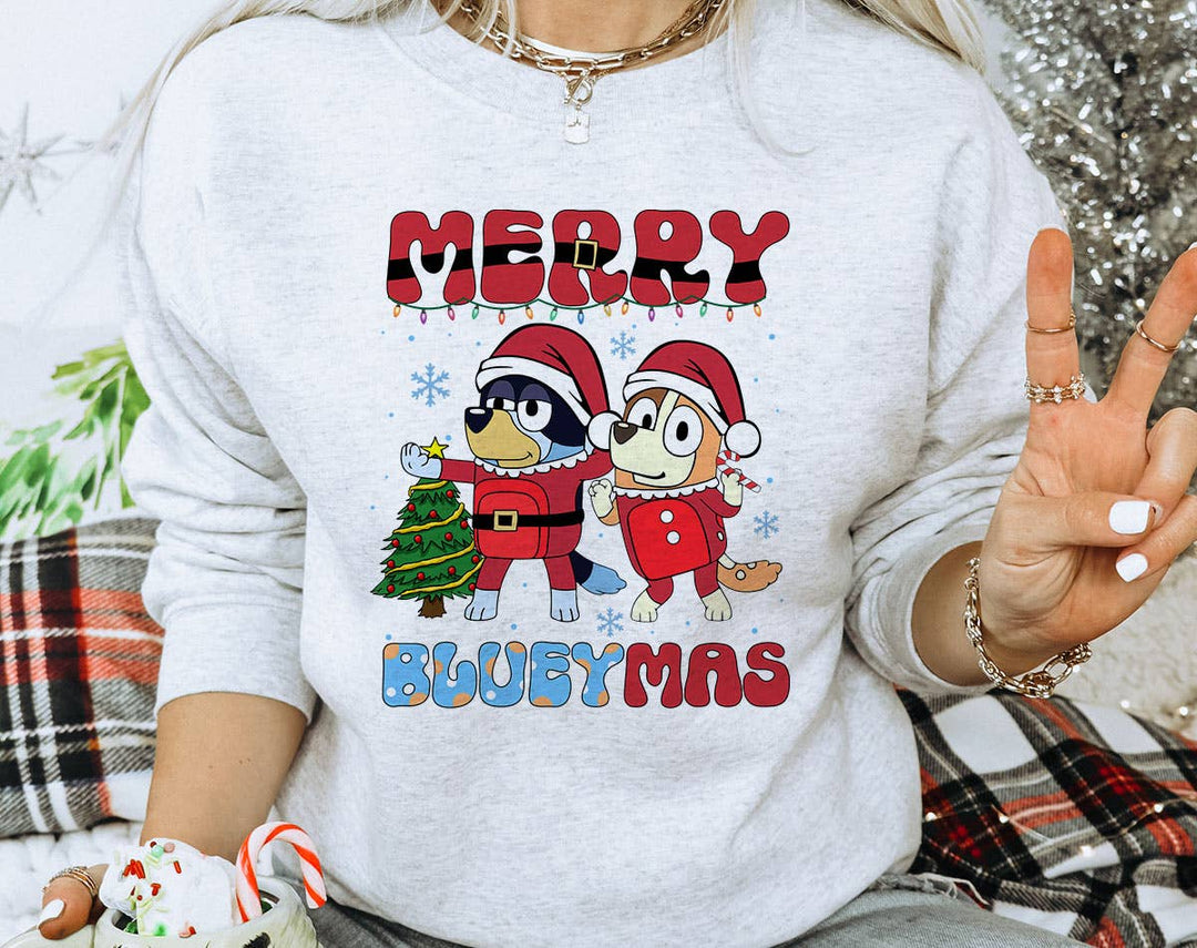 "Dog Friends Bingo" design on an ash gray unisex crewneck sweatshirt