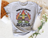 "World's Ending Frog Valentine" design on a heather gray unisex t-shirt