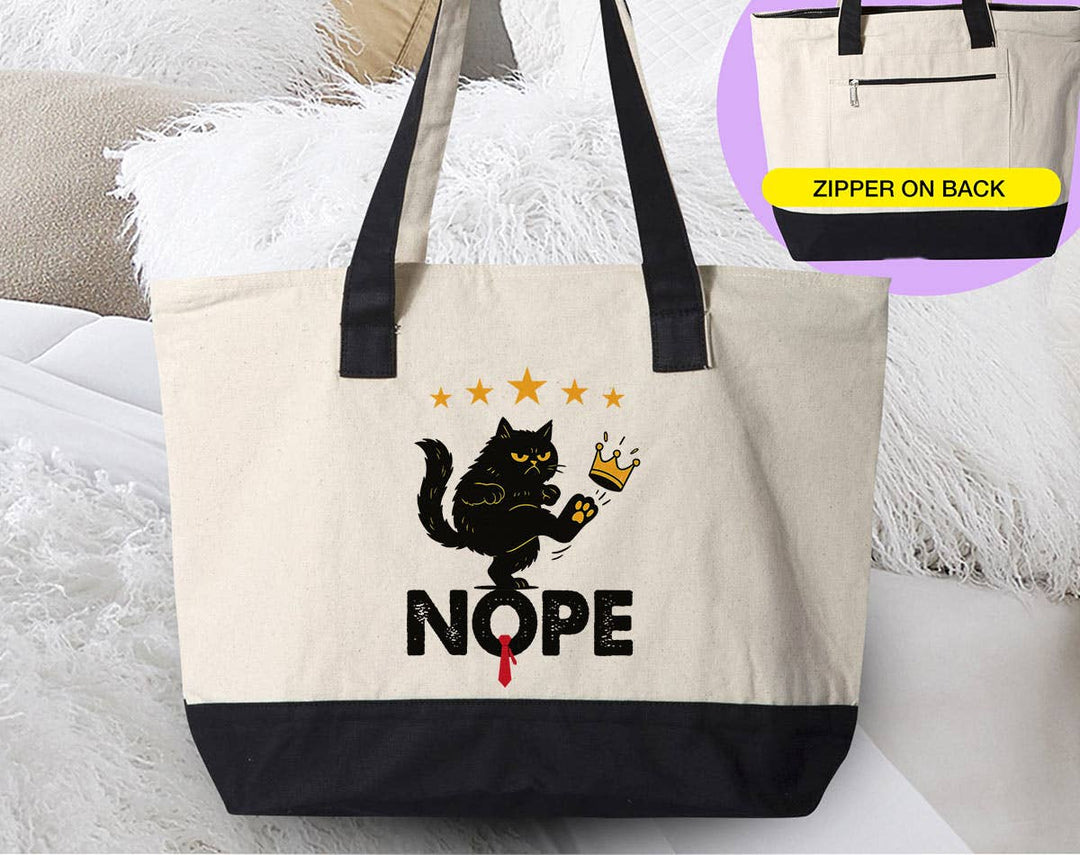 "Nope No Kings Black Cat" design on a natural canvas zippered tote bag