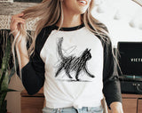 "Cat Abstract Drawing" design on a white baseball raglan tee with black sleeves