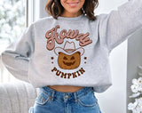 "Howdy Pumpkin" design on an ash gray unisex crewneck sweatshirt