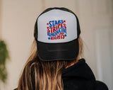 "Stars Stripes Reproductive Rights" design on a mesh-back snapback trucker hat