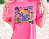"Summer Days Good Vibes Collage" design on a pink watermelon Comfort Colors t-shirt