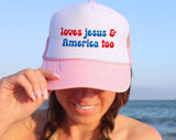 "Loves Jesus And America Too" design on a mesh-back snapback trucker hat