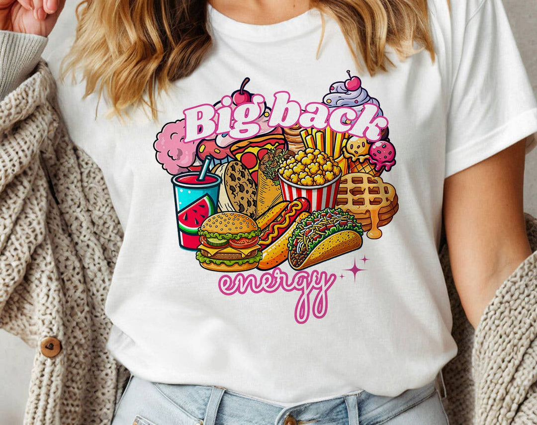 "Big Back Energy" design on a white unisex t-shirt