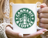 "Cannabis And Coffee" design on a white ceramic coffee mug
