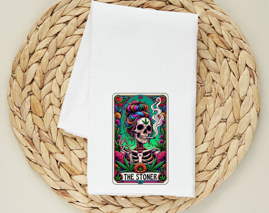 "The Stoner Tarot Skeleton" design on a white 28 x 28 inch flour sack tea towel