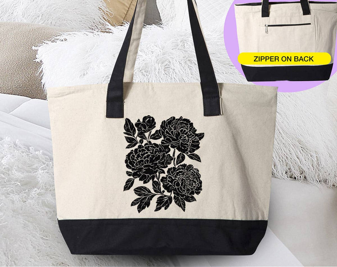 "Retro Linocut Black Peonies Floral" design on a natural canvas zippered tote bag