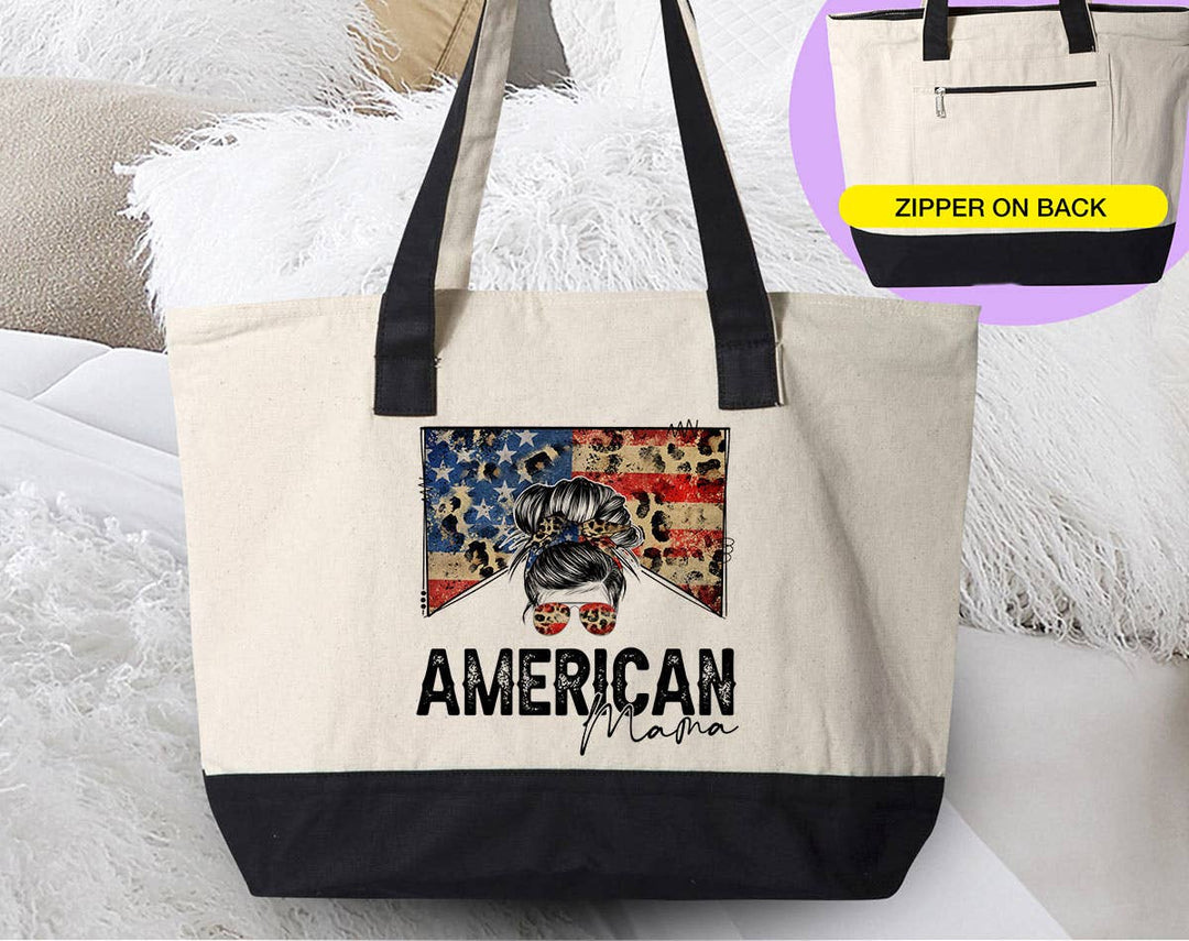 "American Mama USA" design on a natural canvas zippered tote bag