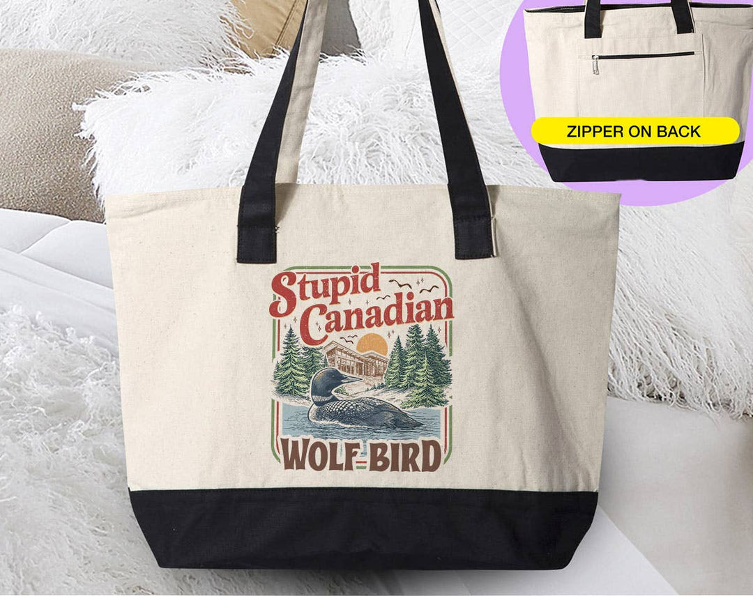 "Stupid Canadian Wolf Bird Heated Rivalry Inspired" design on a natural canvas zippered tote bag