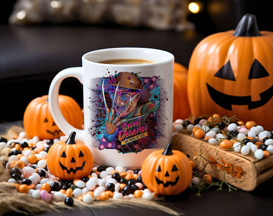 "Sweet Dreams Freddy" Halloween design on a white coffee mug