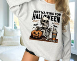 "Just Waiting For" design on an ash gray unisex crewneck sweatshirt