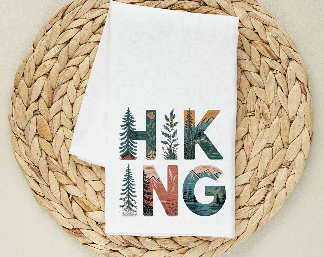 "Hiking Tree Nature Drawing" design on a white 28 x 28 inch flour sack tea towel