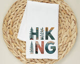 "Hiking Tree Nature Drawing" design on a white 28 x 28 inch flour sack tea towel