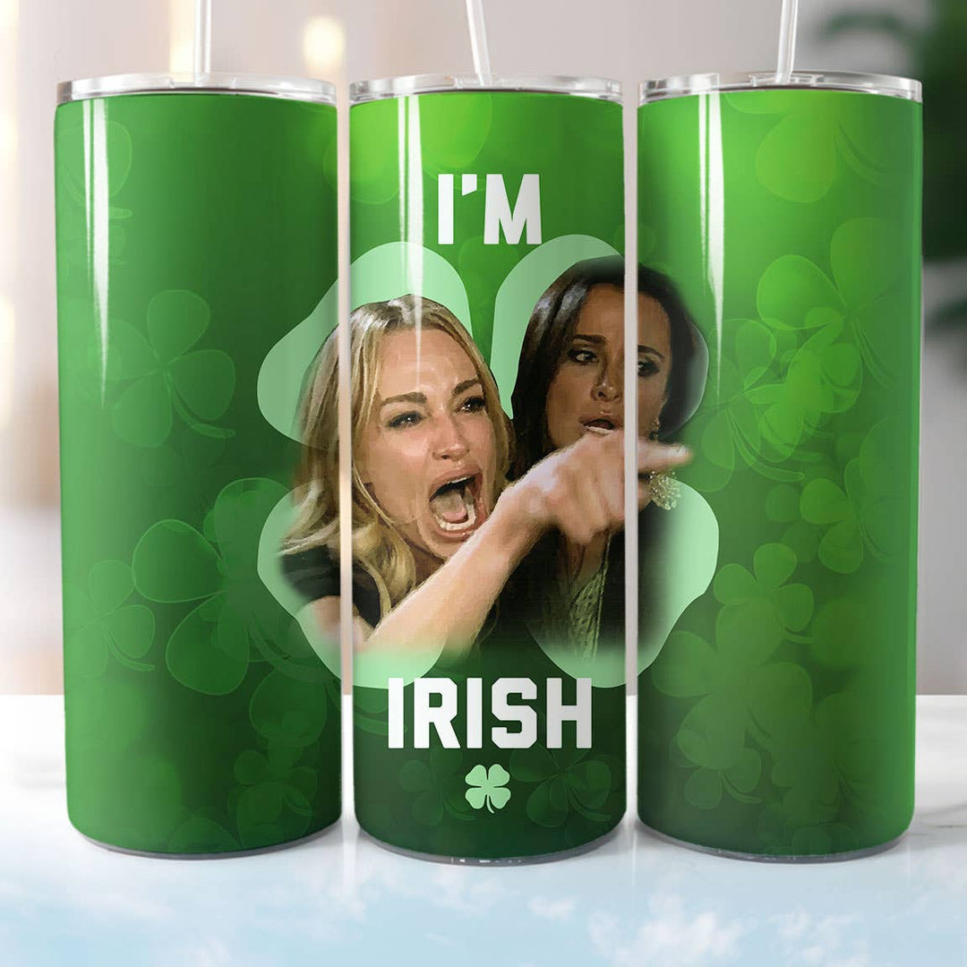 "Funny Irish Meme" design, alternate view, on a 20 oz skinny tumbler with lid and straw