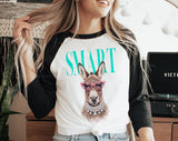 "Smart Donkey Vogue" design on a white baseball raglan tee with black sleeves