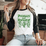 "Protect Our Forests" design on a white baseball raglan tee with black sleeves