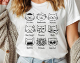 "Artistic Cat Painters Warhol Da Vinci Dali" design on a white unisex t-shirt