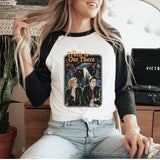 "The Truth Is Out There" design on a white baseball raglan tee with black sleeves