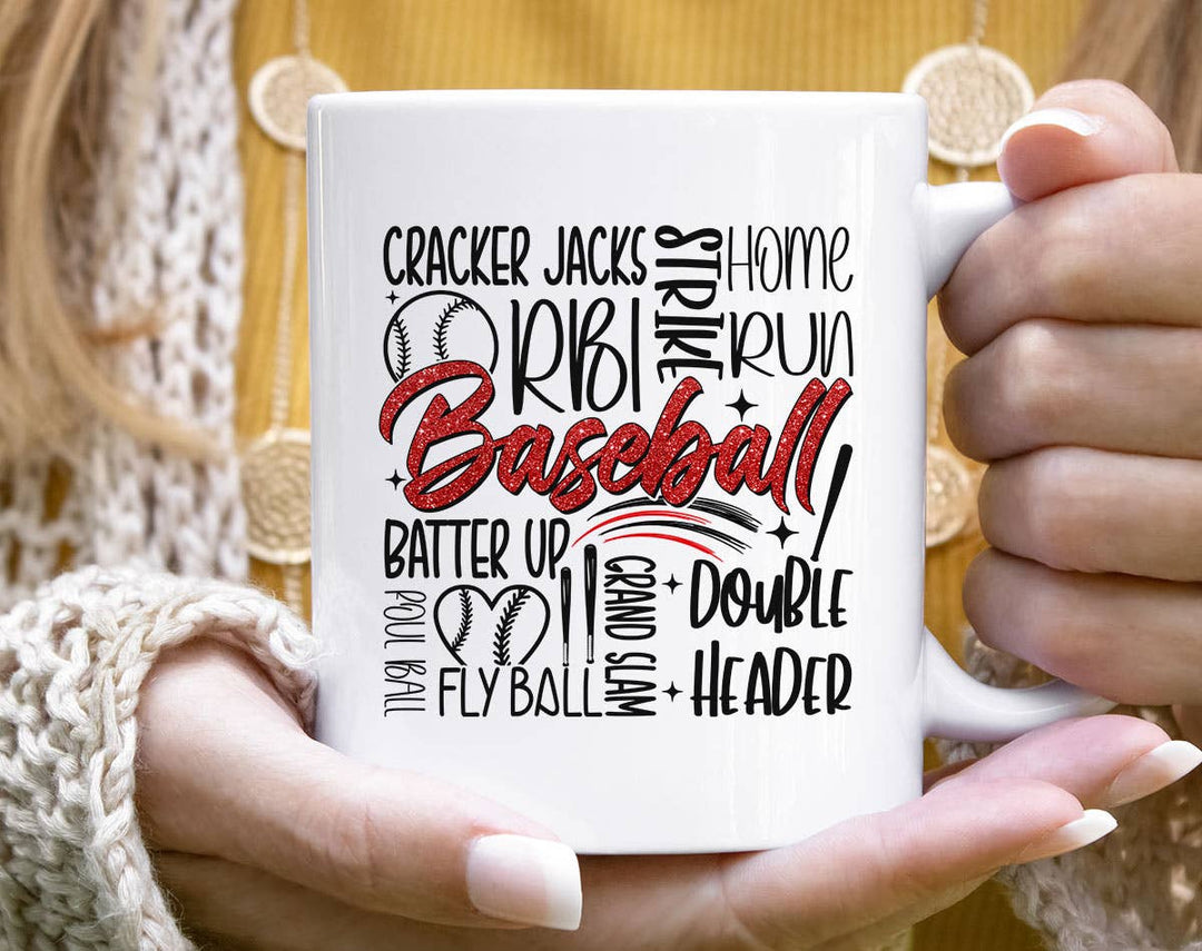 "Baseball Text Collage" design on a white ceramic coffee mug