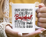 "Baseball Text Collage" design on a white ceramic coffee mug