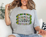 "Lucky Friendship Bracelet" design on a heather gray unisex t-shirt