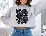 "Retro Linocut Black Peonies Floral Boho" design on an ash gray unisex crewneck sweatshirt