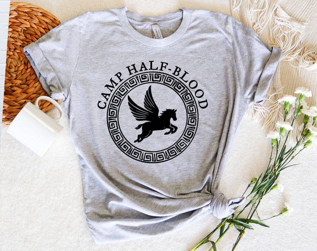 "Camp Half Blood" design on a heather gray unisex t-shirt