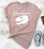 "Mamasaurus Dino Skull" design on a peach unisex t-shirt