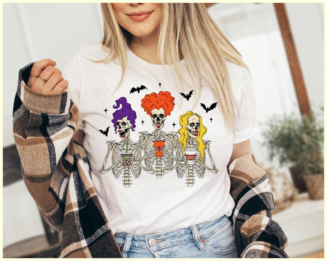 "Sanderson Coffee Skeletons" design on a white unisex t-shirt