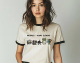 "Respect Your Elders Gaming Controllers" design on a natural ringer t-shirt with black contrast trim