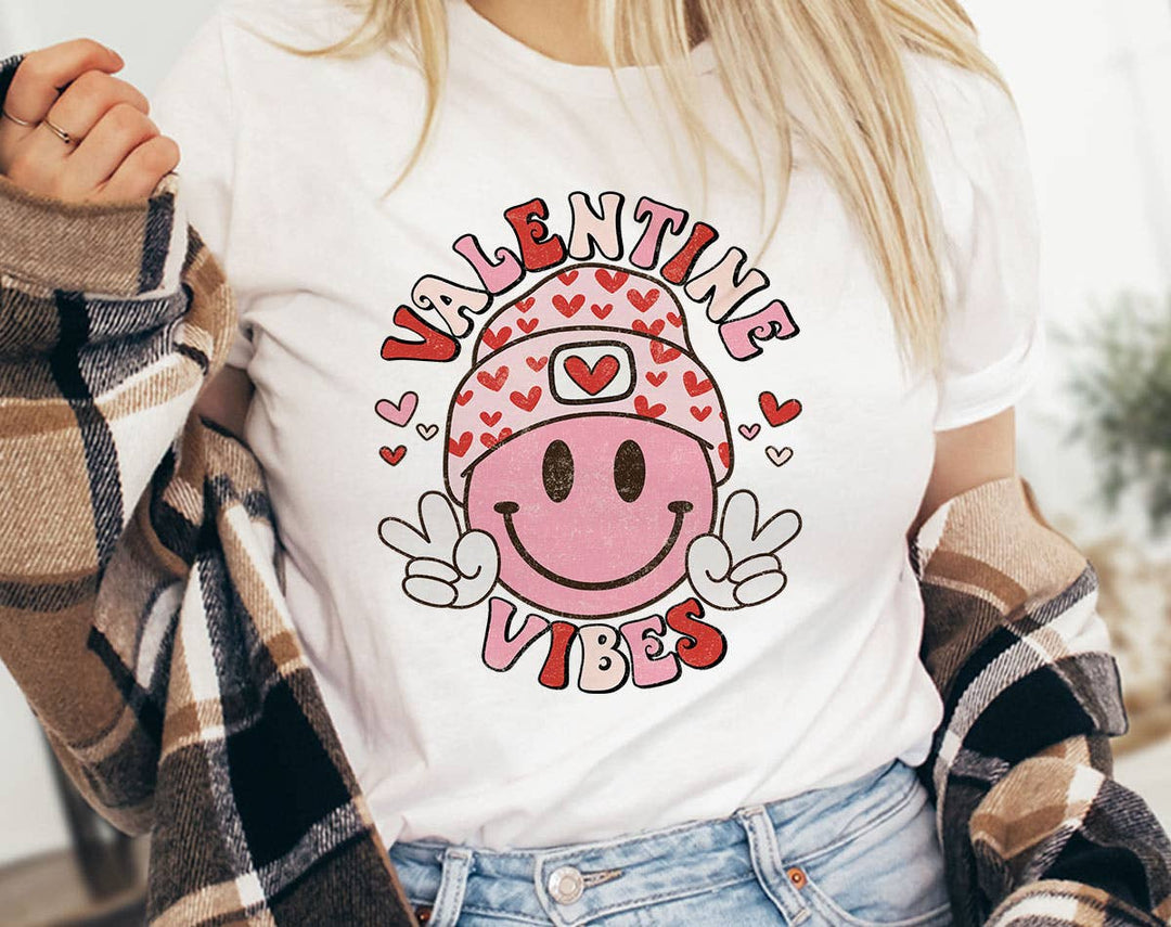 "Valentine Vibes Smiley Peace" design on a white unisex t-shirt