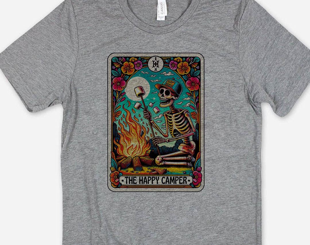 "The Happy Camper Tarot" design on a heather gray unisex t-shirt